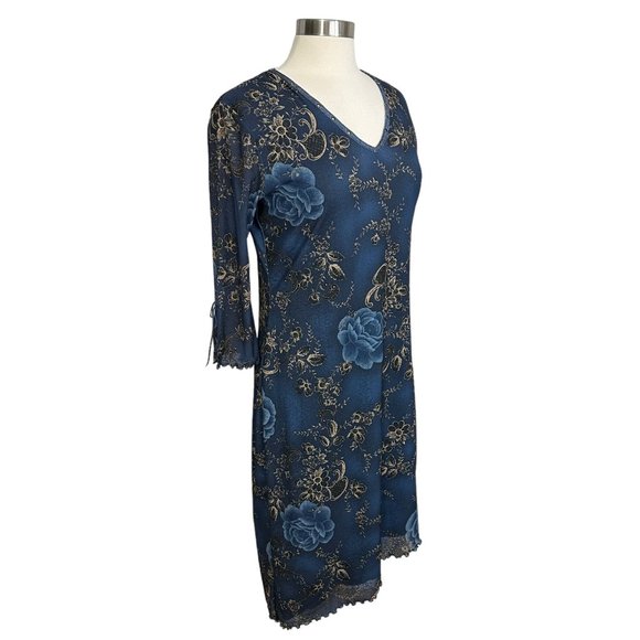 Vintage Y2K 90s Expressions MEDIUM Blue Floral Lettuce Hem V-Neck Midi Dress - Picture 4 of 11